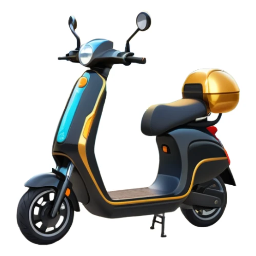 An icon featuring a sleek electric scooter parked on a scenic path. The background showcases a vibrant city park with green trees, flowers, and a clear blue sky. The sun sets in the distance, casting a warm golden glow on the landscape. Transparent background sticker