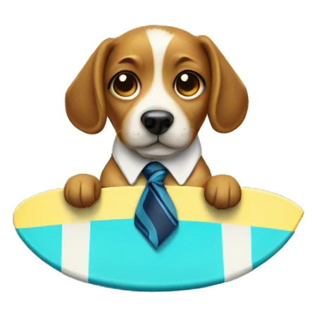 Dog on a surf board with a tie sticker