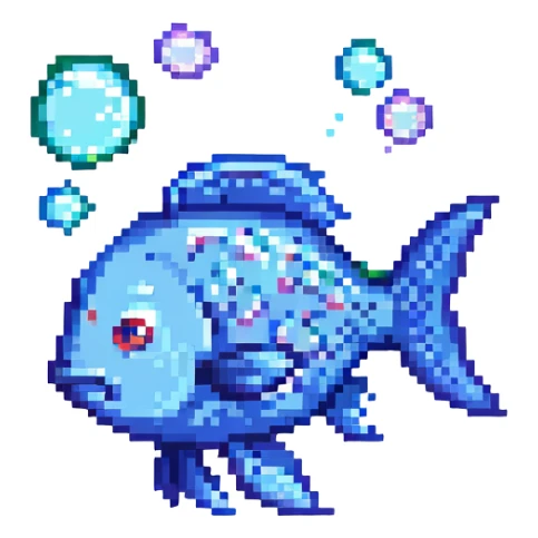 Add bubbles around the fish in pixel art style. sticker