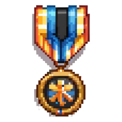 A colorful sponsor ribbon badge with a medal sticker