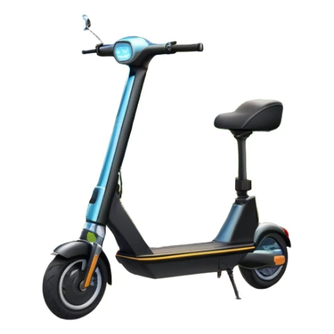 An icon featuring a sleek electric scooter parked on a scenic path. The background showcases a vibrant city park with green trees, flowers, and a clear blue sky. The sun sets in the distance, casting a warm golden glow on the landscape. Transparent background sticker