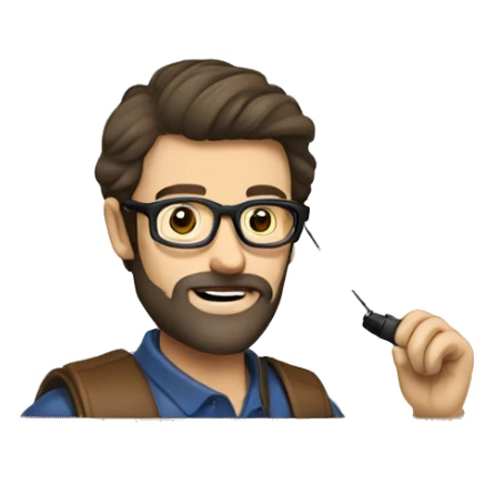 Man glasses beard dark brown hair using ham radio sticker