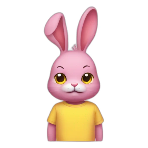 rabbit pink frowning, wears teeshirt yellow sticker