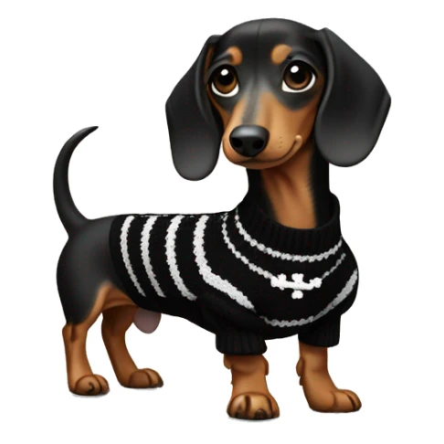 Dachshund wearing black and white Sweater with chanel logo  sticker