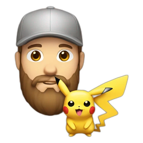 white man with brown hair and beard and a red cap, holding and a pikachu pokemon sticker