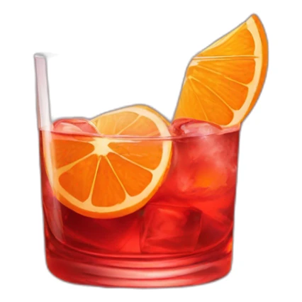 A Negroni Cocktail, red tumbler glass with orange slice sticker