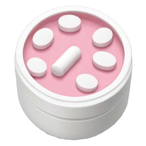 Pale pink pill bottle top with white pills inside sticker