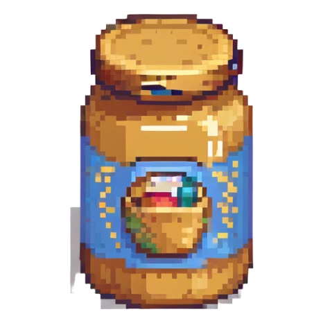 pixel art style peanut butter jar, simple and colorful sticker