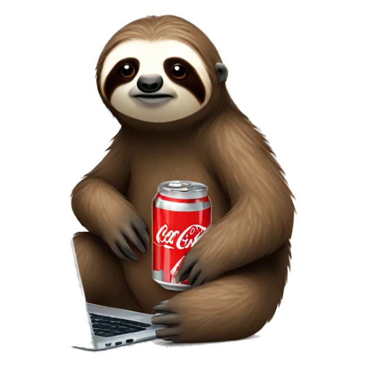 tired sloth with coca cola can and laptop sticker