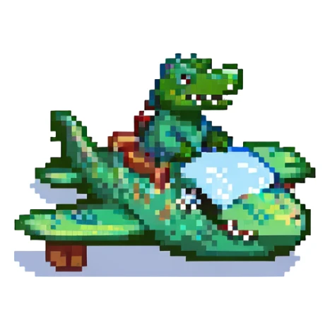 pixel art green crocodile riding an airplane, simple blocky style sticker