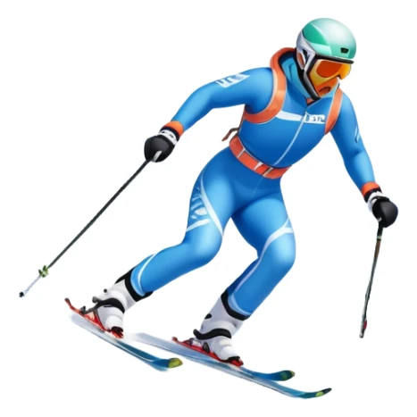 An icon featuring a skier racing down a snow-covered slope, surrounded by snowy peaks, pine trees, and a picturesque mountain landscape. The sky is blue with soft clouds, capturing the thrill and beauty of alpine skiing. Transparent background highlights the excitement and serenity of winter sports. sticker
