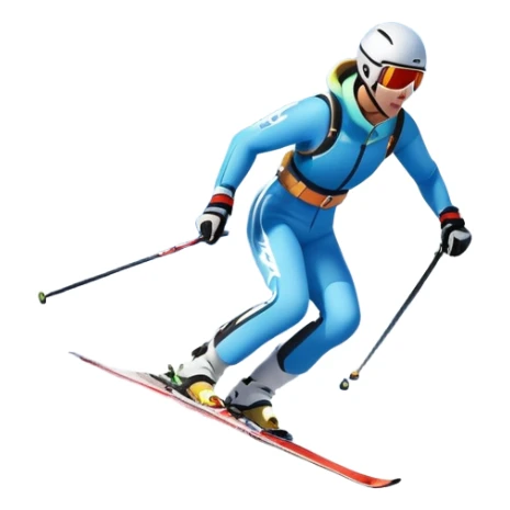 An icon featuring snowy peaks, pine trees, and a picturesque mountain landscape with a skier racing down a snow-covered slope, The sky is blue with soft clouds, capturing the thrill and beauty of alpine skiing. Transparent background highlights the excitement and serenity of winter sports. sticker