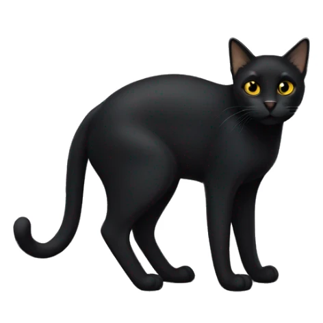 Petite, solid black cat with sleek short fur, light yellow eyes, and small black tufts at the very tips of her ears, blending in with her black fur. Full body, no white markings sticker