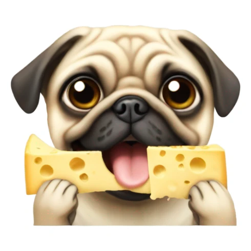 skinny pug eating a string of cheese sticker
