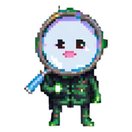A pixelated character looking through a magnifying glass sticker