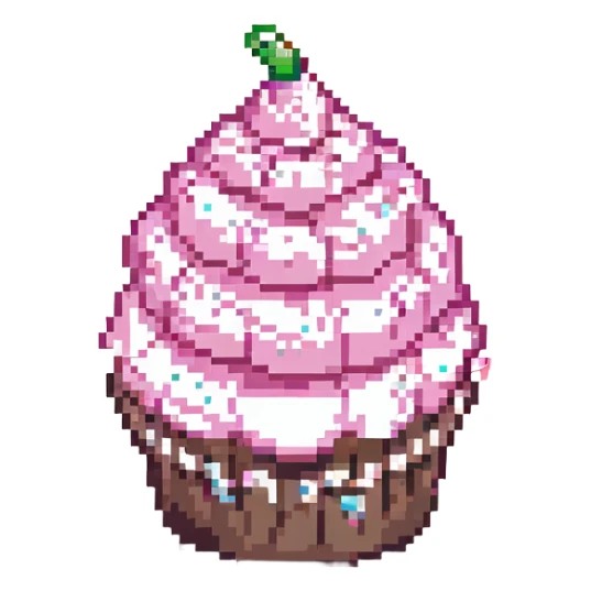 cupcake with pink icing, pixel art, retro video game style sticker