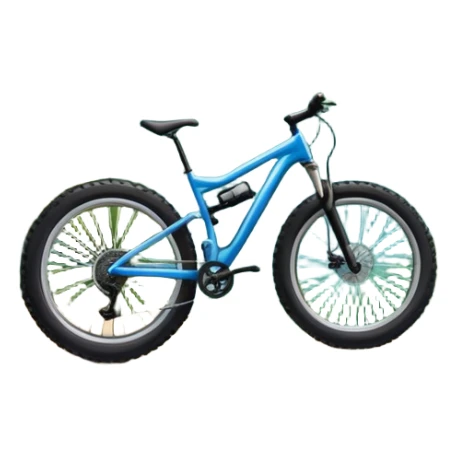 An icon featuring a mountain bike with wide tires, positioned on a forest trail or rocky mountain road. The background shows dense trees, steep slopes, and distant peaks under a clear blue sky. Transparent background highlights the thrill and rugged beauty of mountain biking. sticker