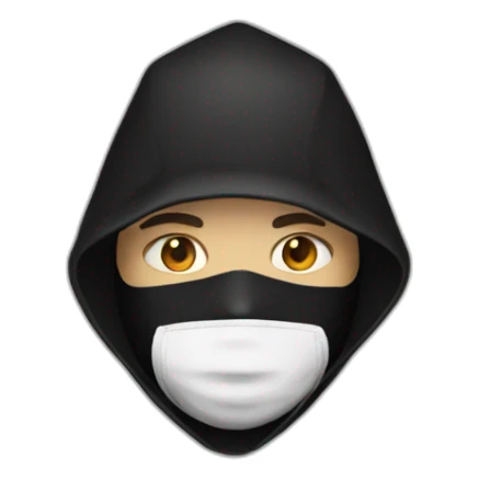 person with a black hood and a white mask sticker