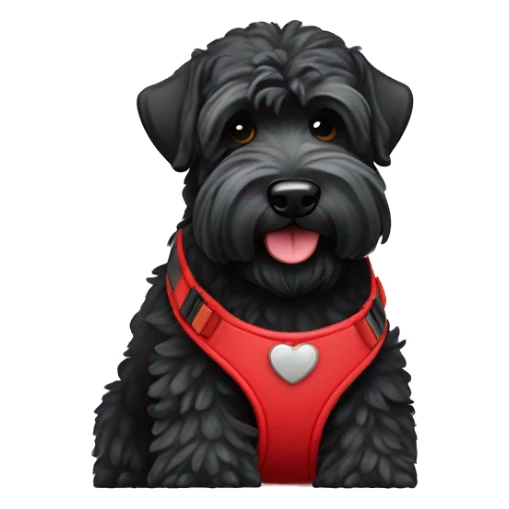 Black Russian terrier with cute smiling face and red harness sticker