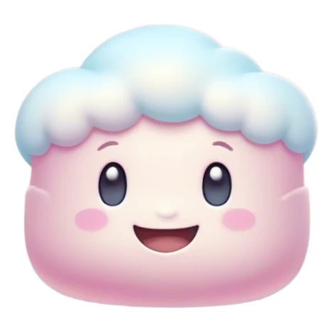 Cinematic fluffy pastel marshmallow character, soft round edges, tiny sparkly eyes, a small happy smile, glowing warmly, floating in a dreamy soft sky. sticker