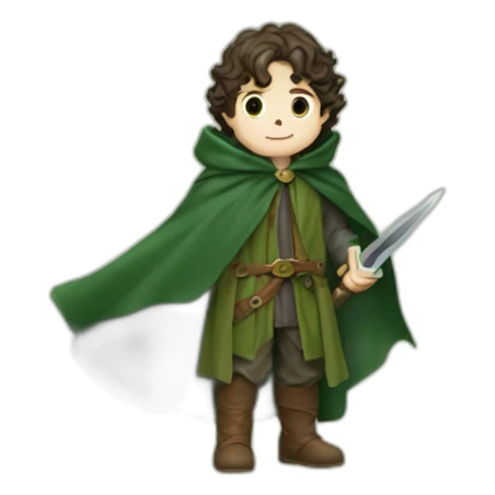 Frodo Baggins in a green cloak with the One Ring and a blade sticker