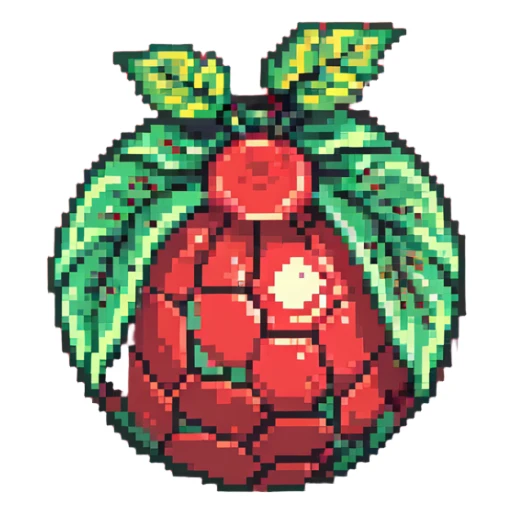 Green digital bomb animation frame 1, round bomb body with green highlights, full-length leaf-shaped fuse at top, nature-inspired design, pixel art style sticker