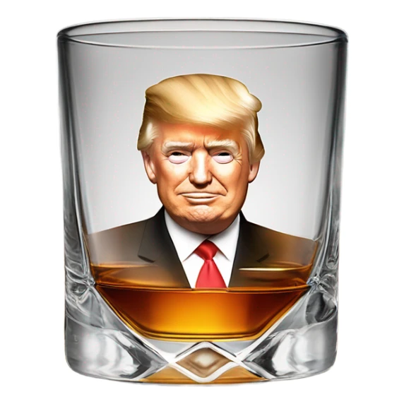 Whiskey glass with whiskey & an image of Donald Trumps face  sticker
