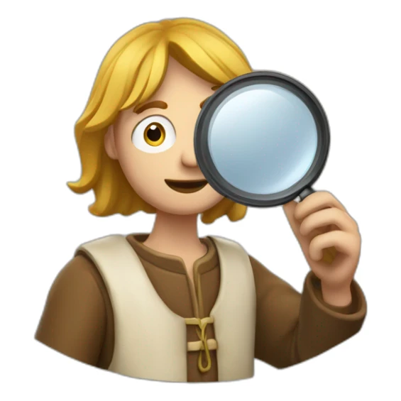 medieval coin collector, looking at a coin with a magnifying lense sticker