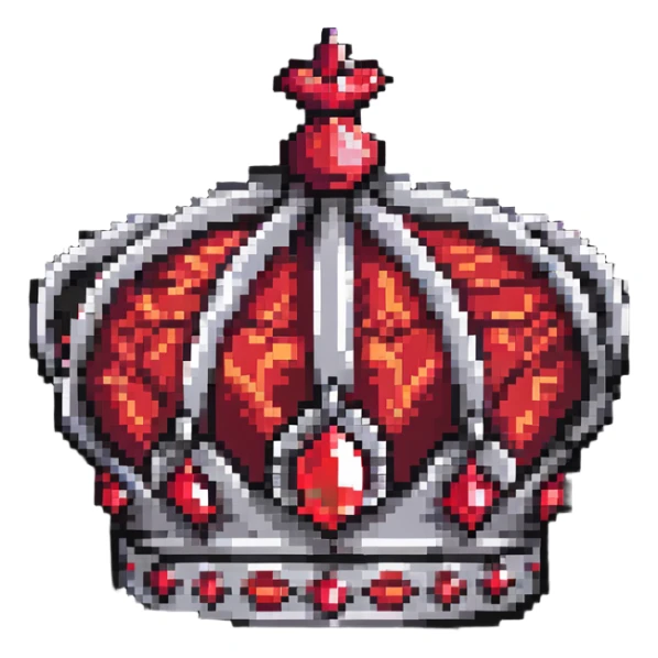 black crown with large red ruby details, pixel art style, strictly black and red palette sticker