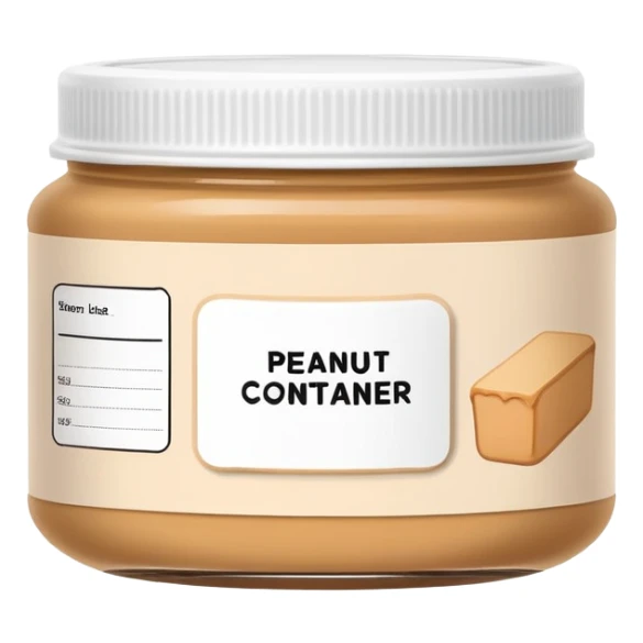 food box container with minimalist wireframe label, peanut butter jar with geometric line structure label, food container with simple outline label sticker