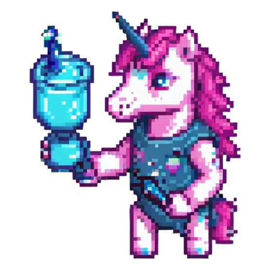 neon pink unicorn with a glass cannon, pixel art, retro game style sticker