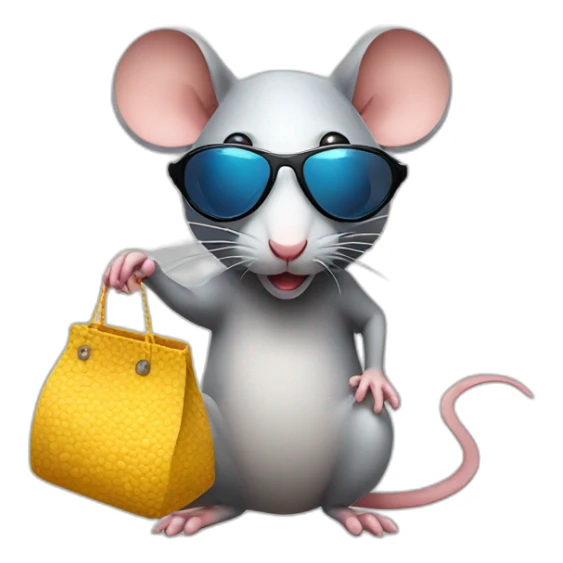 Rat wearing sunglasses with a bag of pills sticker