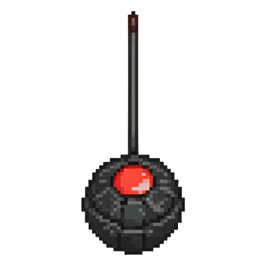 Remote control bomb, black round bomb with antenna and red button, pixel art style sticker