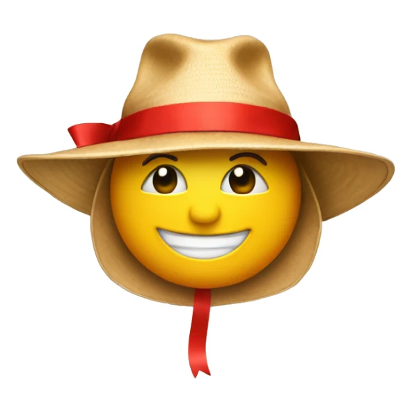 Smile emoji wearing a tan sun hat with red ribbon sticker