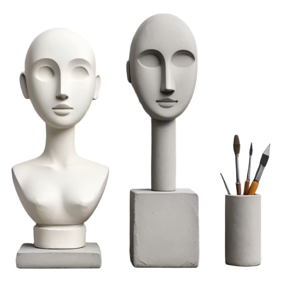Plaster sculpture and concrete sculpture, small and large, standing side by side, simple and textured, sculpting tools nearby, minimalistic, on a white background, no extra details. sticker