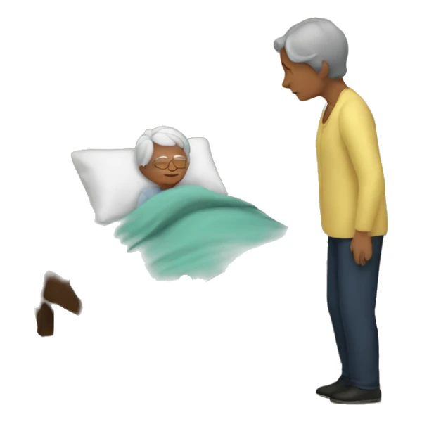 A boy sleeping in a bed and grandma standing beside the bed sticker