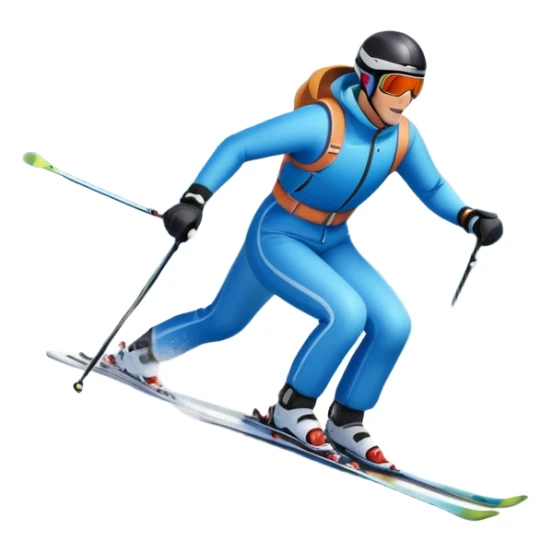 An icon featuring a skier racing down a snow-covered slope, surrounded by snowy peaks, pine trees, and a picturesque mountain landscape. The sky is blue with soft clouds, capturing the thrill and beauty of alpine skiing. Transparent background highlights the excitement and serenity of winter sports. sticker