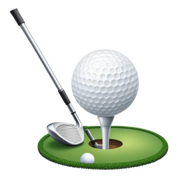 A golf ball on a tee with a golf club placed beside it, set against the backdrop of a well-manicured green golf course. The scene emphasizes the equipment and serene atmosphere of the sport, with soft lighting and a peaceful, open landscape sticker