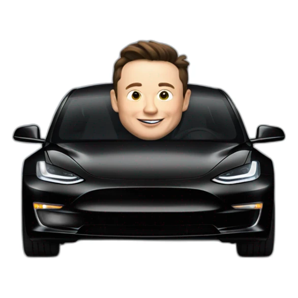 small Elon Musk riding an all black Tesla Model 3, Front view sticker