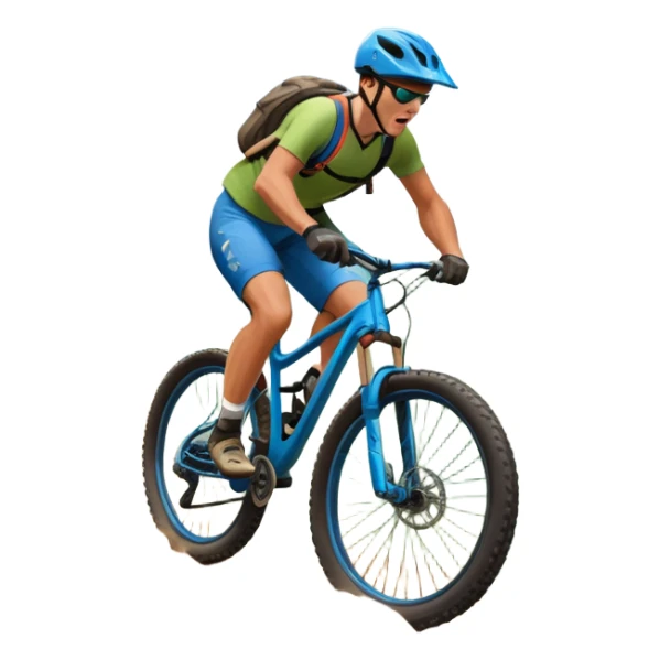 An icon featuring a mountain bike with thick tires on a rugged trail. A cyclist in a helmet rides downhill, kicking up dust. The background showcases a breathtaking mountain landscape with green slopes, rocky peaks, and a bright blue sky. Transparent background emphasizes adventure and speed sticker