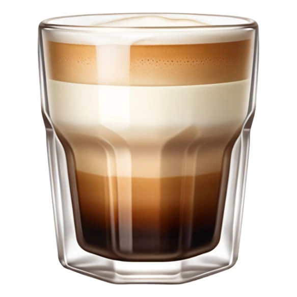 Small 4.5 ounce Gibraltar glass with cortado espresso drink, smooth gradient from light brown on top to darker at bottom, no white froth, just smooth milk and espresso integration sticker