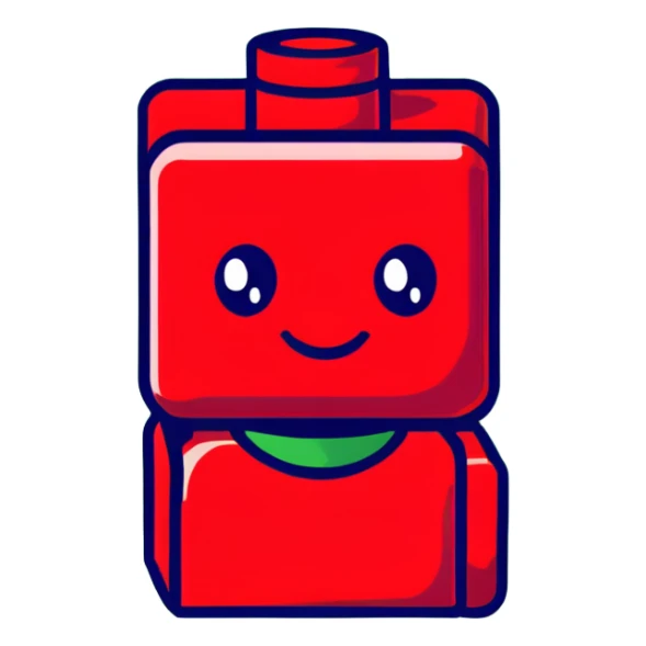 A cartoon red Lego brick with a cute face and rosy cheeks sticker