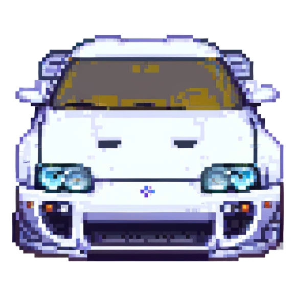 Toyota Supra front view, pixel art style, detailed headlights, classic 90s video game aesthetic sticker