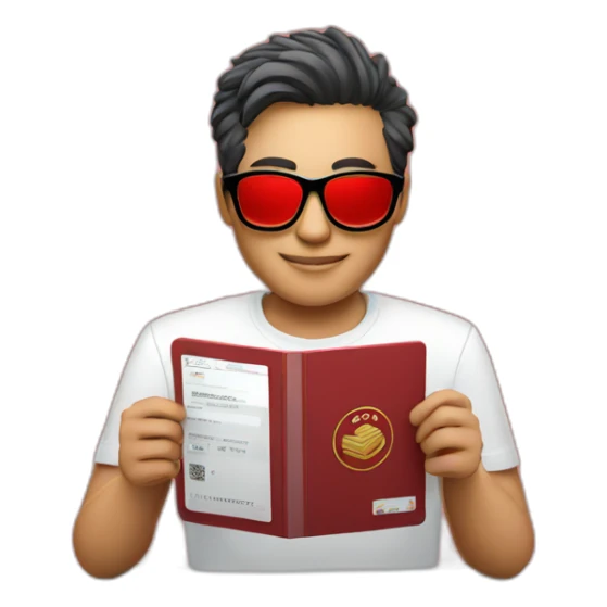 cool tech CEO holding red Singapore passport wearing glasses. Shirt says ONLOOP sticker