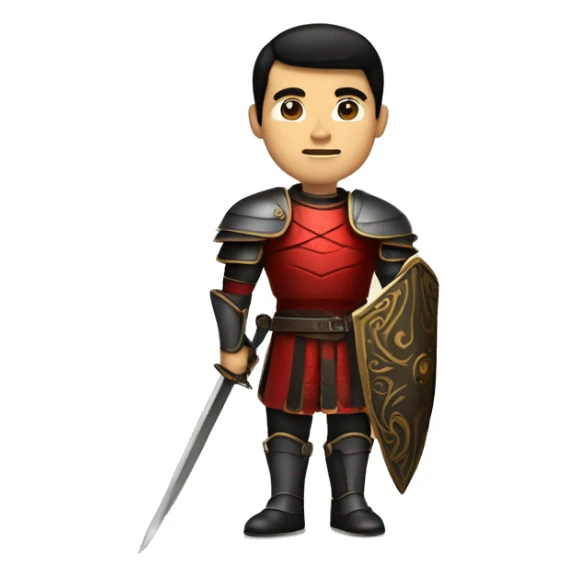 Vintage Tanned man with black hair and stern face with a pointed chin triangular jawline wearing red and black armour holding sword vintage intricate patterns sticker