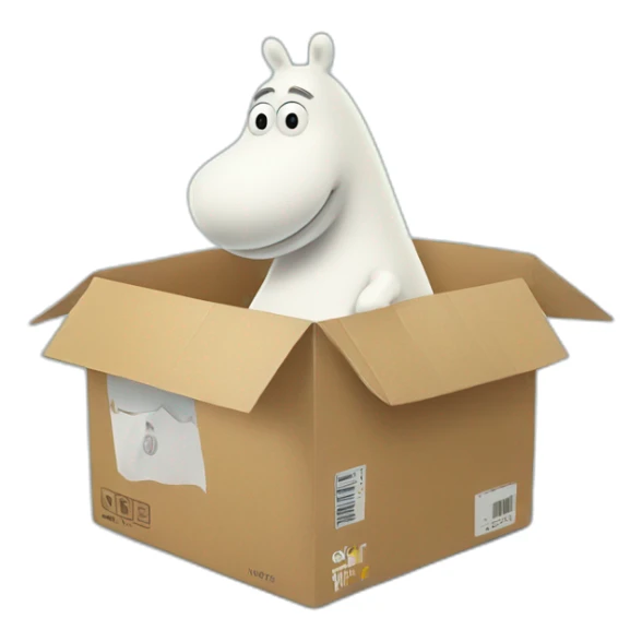 Moomin delivers a box with a big Wolt logo on it sticker