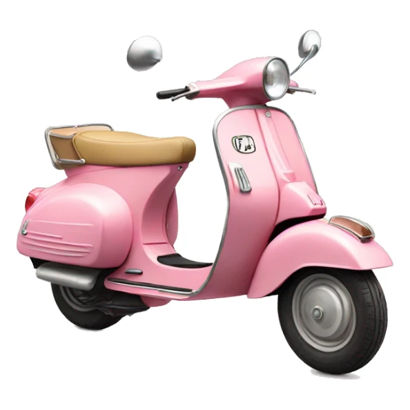 A vintage, pink Vespa with a beige saddle  sticker