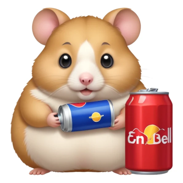 Funny cartoon-style fat hamster wide eyed with a can of redbull sticker
