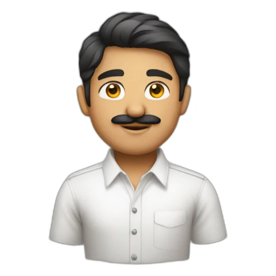 Young indian white faced smart developer in plain white shirt with sleeve up and mustach sticker