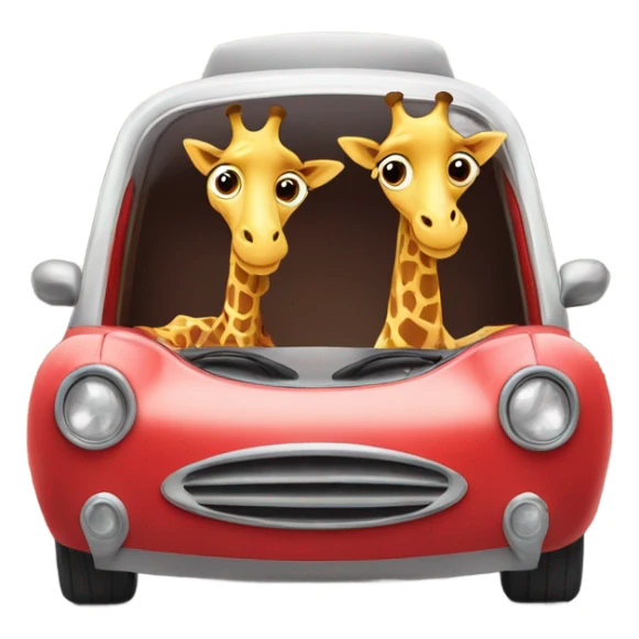two cute giraffes driving in a red car sticker